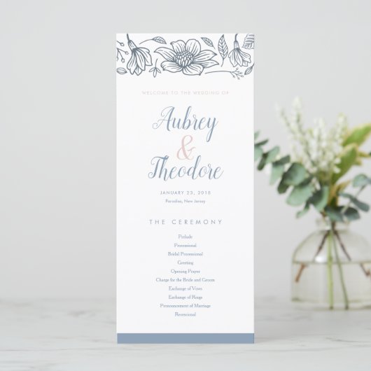 Dusty Blue & Blush Flowers Wedding Program Programmakaart (Staand voorkant)