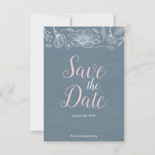 Dusty Blue & Blush Flowers Wedding Save The Date (Voorkant)