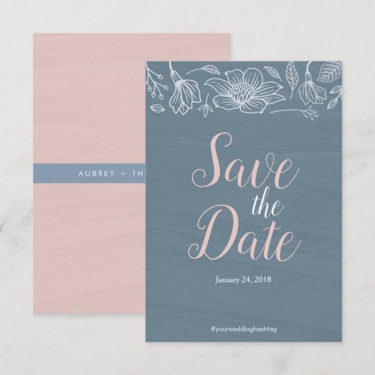 Dusty Blue & Blush Flowers Wedding Save The Date (Voorkant / Achterkant)