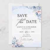 Dusty Blue Blush Gold Floral Save the Date Kaart (Voorkant)