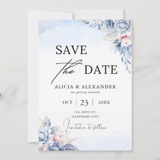 Dusty Blue Blush Gold Floral Save the Date Kaart (Voorkant)