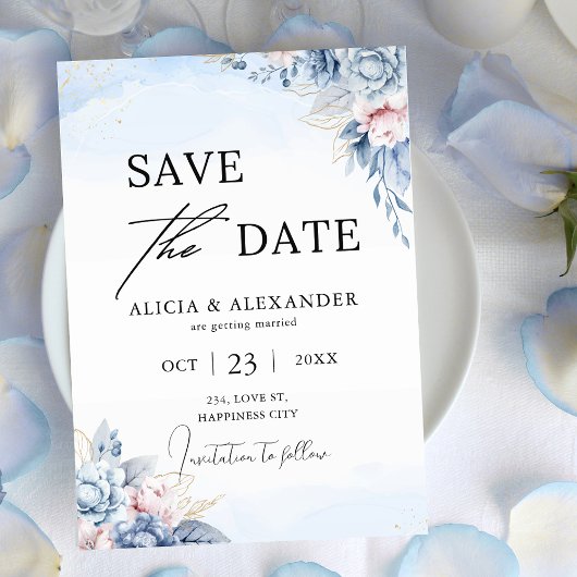 Dusty Blue Blush Gold Floral Save the Date Kaart