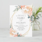 Dusty Blue Blush Gold Peach Floral Wedding Kaart (Staand voorkant)