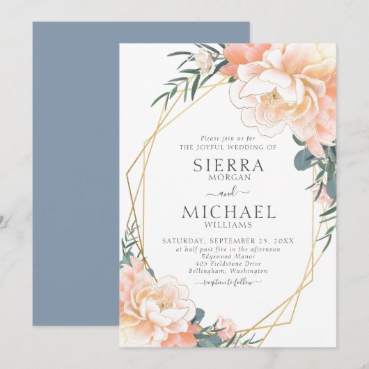 Dusty Blue Blush Gold Peach Floral Wedding Kaart (Voorkant / Achterkant)
