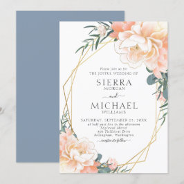 Dusty Blue Blush Gold Peach Floral Wedding Kaart