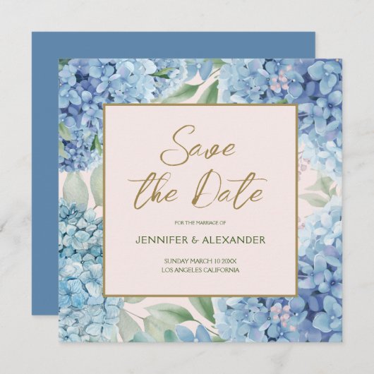 Dusty Blue Blush Hydrangea Square Save the Date Kaart (Voorkant / Achterkant)