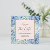 Dusty Blue Blush Hydrangea Square Save the Date Kaart (Staand voorkant)