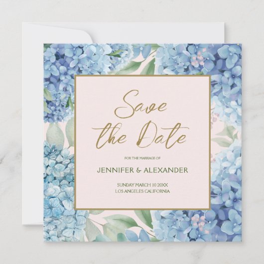 Dusty Blue Blush Hydrangea Square Save the Date Kaart (Voorkant)