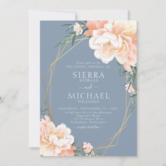Dusty Blue Blush Peach Gold Floral Wedding Kaart (Voorkant)