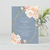 Dusty Blue Blush Peach Gold Floral Wedding Kaart (Staand voorkant)