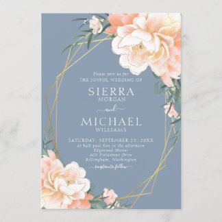 Dusty Blue Blush Peach Gold Floral Wedding Kaart