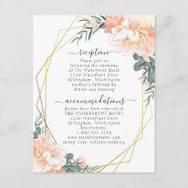 Dusty Blue Blush Perzik Bloemen Goud Bruiloft Deta Informatiekaartje