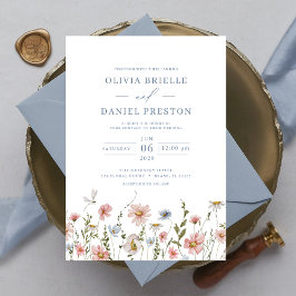 Dusty Blue Blush Pink Elegant Garden Wedding Kaart