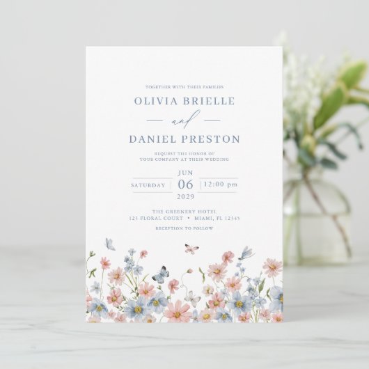 Dusty Blue Blush Pink Elegant Garden Wedding Kaart (Staand voorkant)
