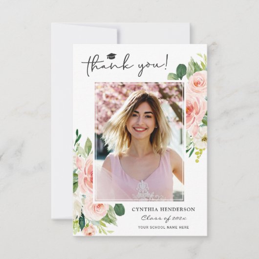 Dusty Blue Blush Pink Floral Afstuderen Foto Bedankkaart (Voorkant)