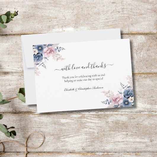 Dusty Blue Blush Pink Floral Botanical Wedding Bedankkaart