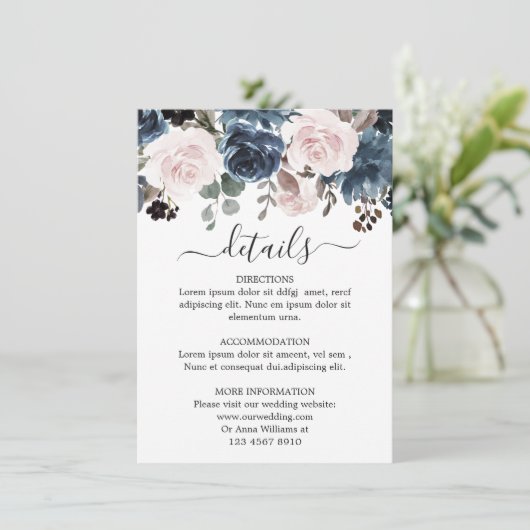 Dusty Blue Blush Pink Floral Botanical Wedding Informatiekaartje (Staand voorkant)