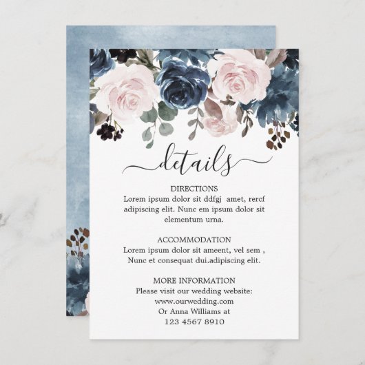 Dusty Blue Blush Pink Floral Botanical Wedding Informatiekaartje (Voorkant / Achterkant)