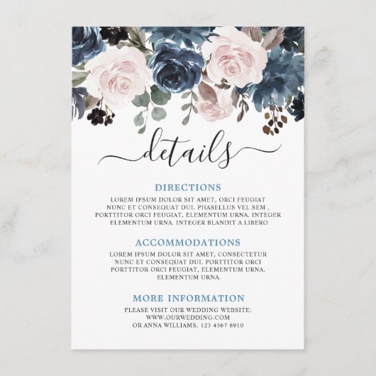 Dusty Blue Blush Pink Floral Botanical Wedding Informatiekaartje (Voorkant)