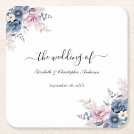 Dusty Blue Blush Pink Floral Botanical Wedding Kartonnen Onderzetters