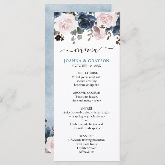 Dusty Blue Blush Pink Floral Botanical Wedding Menu (Voorkant / Achterkant)