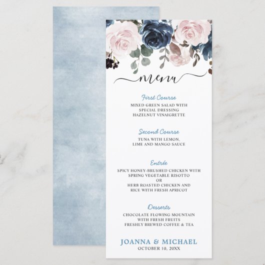Dusty Blue Blush Pink Floral Botanical Wedding Menu (Voorkant / Achterkant)