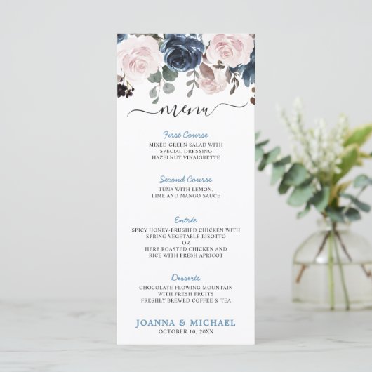 Dusty Blue Blush Pink Floral Botanical Wedding Menu (Staand voorkant)