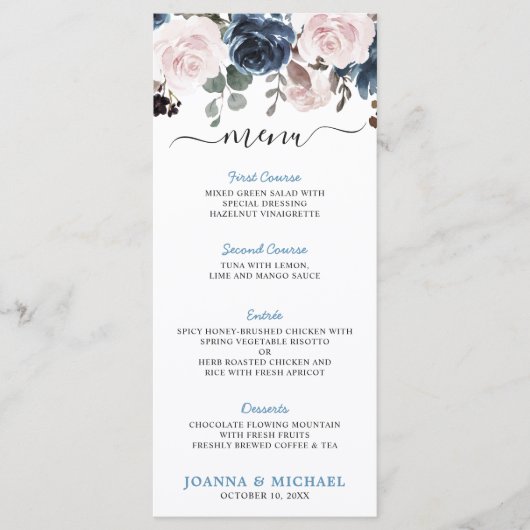 Dusty Blue Blush Pink Floral Botanical Wedding Menu (Voorkant)