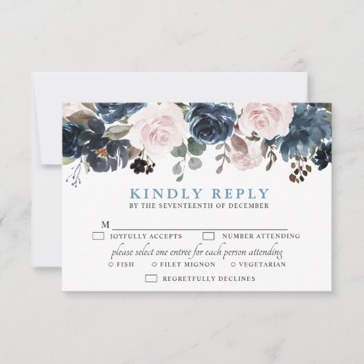 Dusty Blue Blush Pink Floral Botanical Wedding RSVP Kaartje (Voorkant)