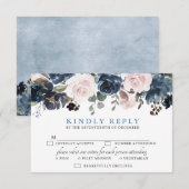 Dusty Blue Blush Pink Floral Botanical Wedding RSVP Kaartje (Voorkant / Achterkant)