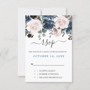 Dusty Blue Blush Pink Floral Botanical Wedding RSVP Kaartje