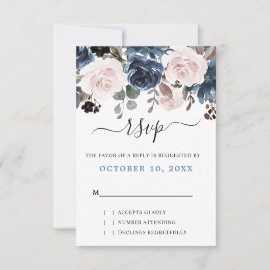 Dusty Blue Blush Pink Floral Botanical Wedding RSVP Kaartje (Voorkant)