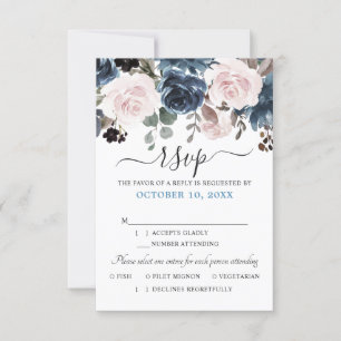 Dusty Blue Blush Pink Floral Botanical Wedding RSVP Kaartje