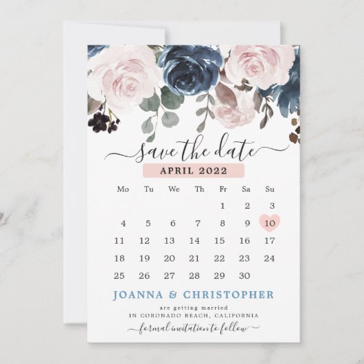 Dusty Blue Blush Pink Floral Botanical Wedding Sav Save The Date (Voorkant)