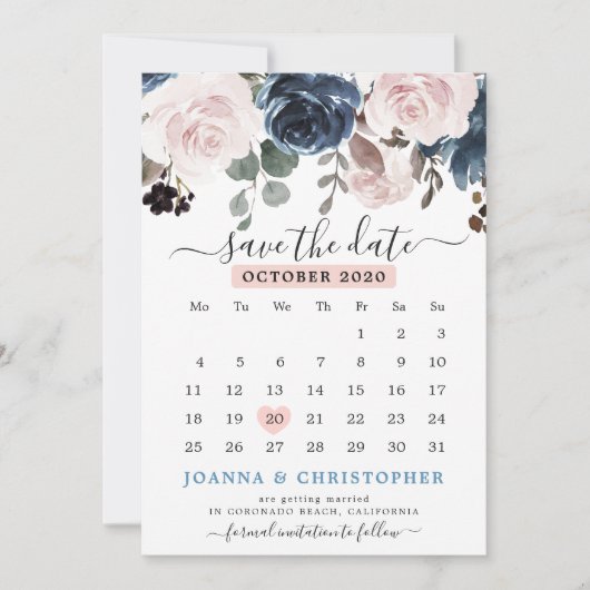 Dusty Blue Blush Pink Floral Botanical Wedding Save The Date (Voorkant)