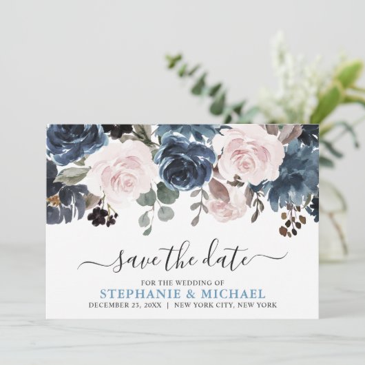 Dusty Blue Blush Pink Floral Botanical Wedding Save The Date (Staand voorkant)