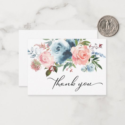 Dusty Blue & Blush Pink Floral Dank u Notitiekaartje (Voorkant / Achterkant in situ)