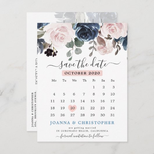 Dusty Blue Blush Pink Floral De datum opslaan Aankondigingskaart (Voorkant / Achterkant)