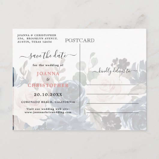 Dusty Blue Blush Pink Floral De datum opslaan Aankondigingskaart (Achterkant)