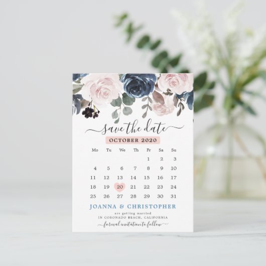 Dusty Blue Blush Pink Floral De datum opslaan Briefkaart (Staand voorkant)