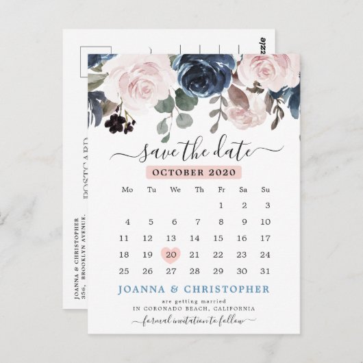 Dusty Blue Blush Pink Floral De datum opslaan Briefkaart (Voorkant / Achterkant)