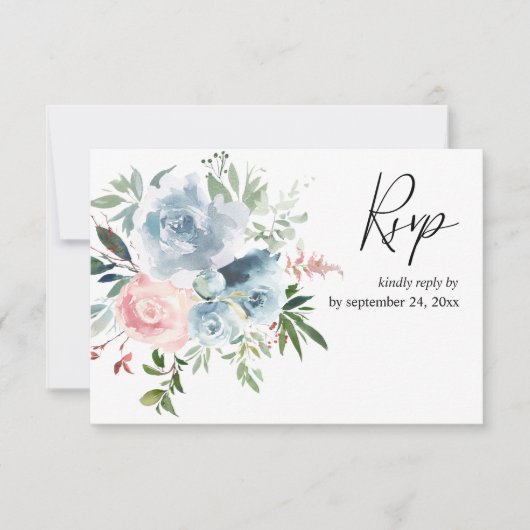Dusty Blue & Blush Pink Floral met Maaltijd RSVP C (Voorkant)
