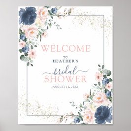 Dusty Blue Blush Pink Floral Shower Welkom Poster