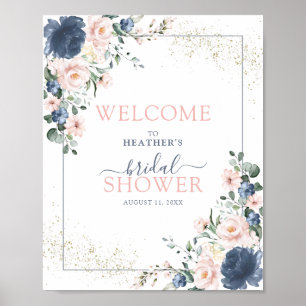 Dusty Blue Blush Pink Floral Shower Welkom Poster