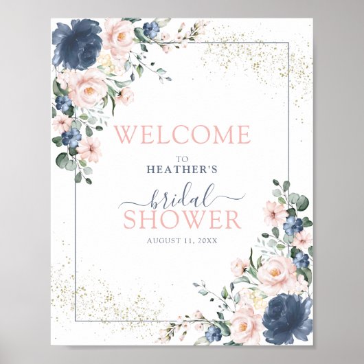 Dusty Blue Blush Pink Floral Shower Welkom Poster (Voorkant)