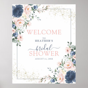 Dusty Blue Blush Pink Floral Shower Welkom Poster
