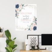 Dusty Blue Blush Pink Floral Shower Welkom Poster (Thuiskantoor)