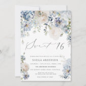 Dusty Blue & Blush Pink Floral Sweet 16 Verjaardag Kaart (Voorkant)