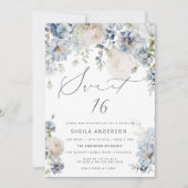 Dusty Blue & Blush Pink Floral Sweet 16 Verjaardag Kaart (Voorkant)
