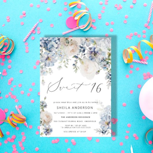 Dusty Blue & Blush Pink Floral Sweet 16 Verjaardag Kaart